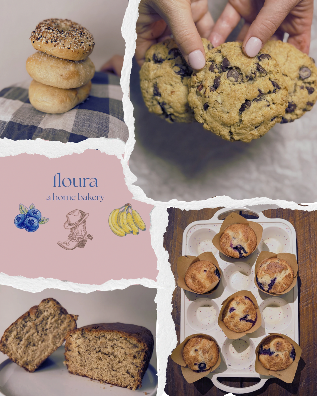 Homemade blueberry muffins, browned butter banana bread, sourdough bagels, and rotating treats